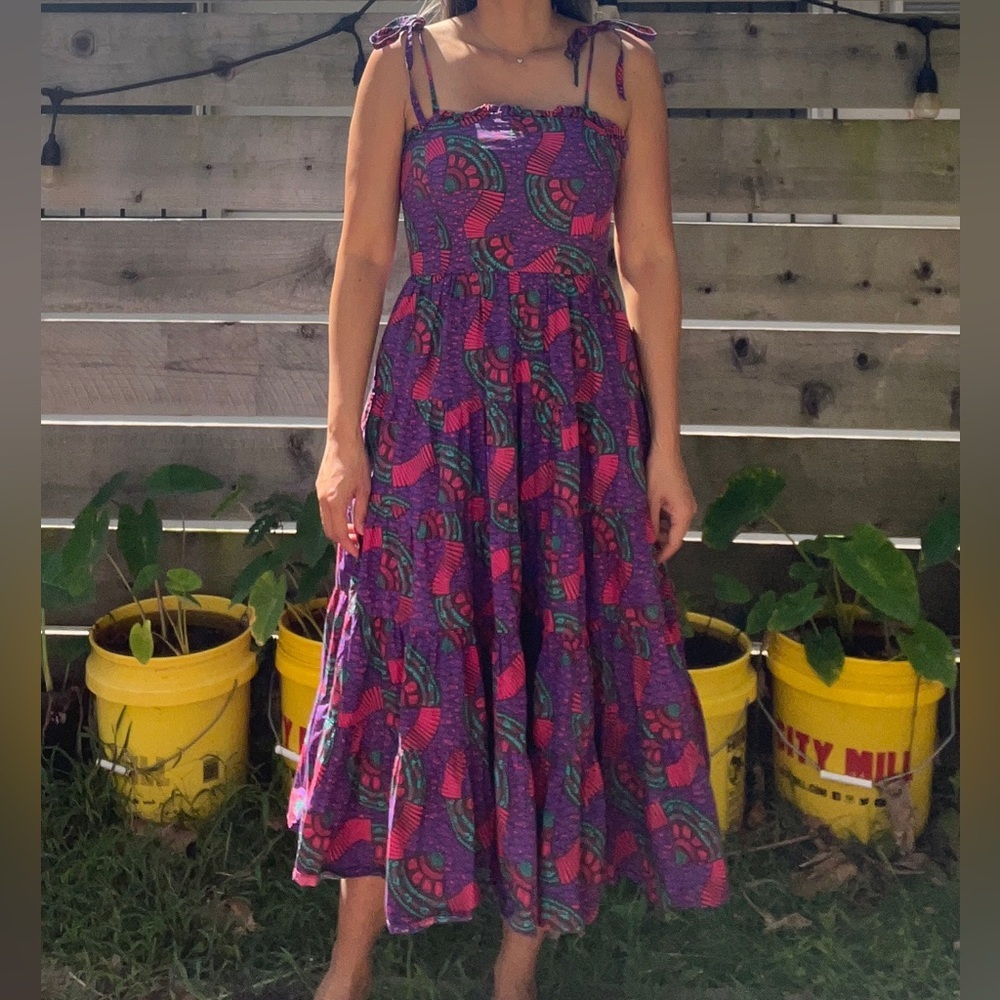 Ulla‎ Johnson $425 Ellyn Dress Purple Pink Cotton Midi Bohemian Resort Tropical